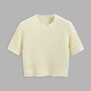 Cider Round Neckline Geometric Knitted Short Sleeve Top in Beige Size M/6